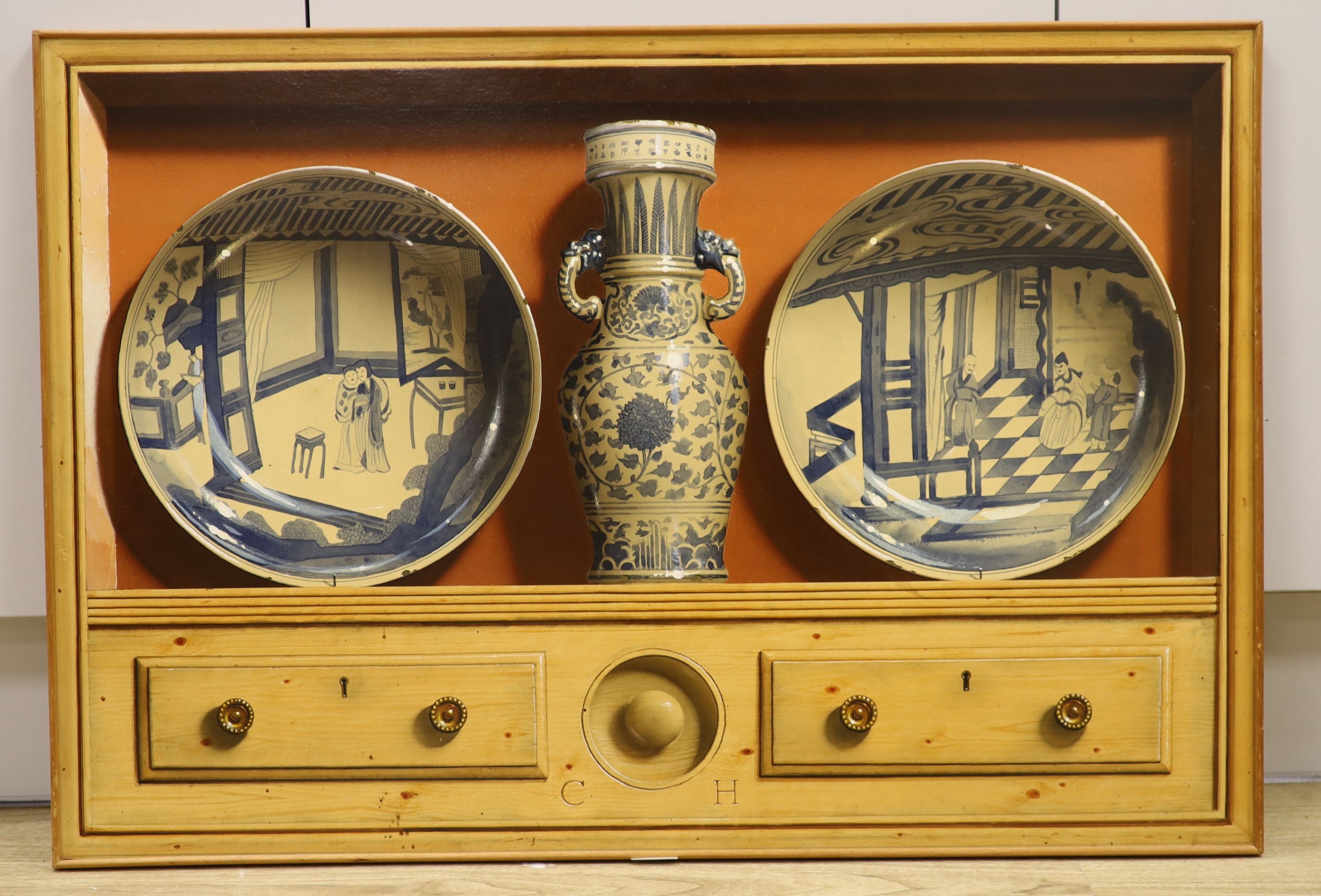 Frederick Clifford Harrison (1901-1984), oil on board, 'Chinese plates and vase from The David Foundation', initialled, 1970 Stacey Mark label verso, 54 x 79cm